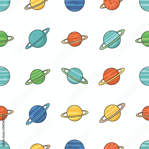 Repeating pattern of colorful cartoon planets with rings on white background