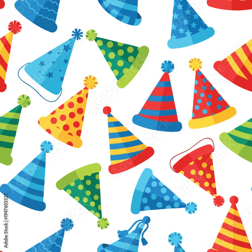 A playful pattern of colorful party hats with pom-poms on a white background