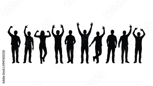 A group of people with their arms raised in celebration