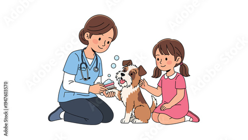Veterinarian and girl bathing a cute dog with bubbles. Friendly pet care, grooming, and animal hygiene illustration.