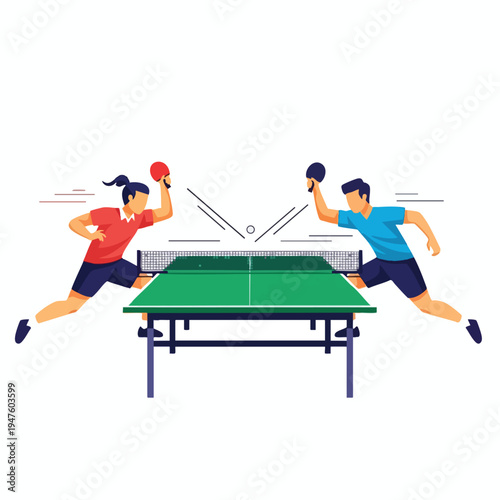 Dynamic ping pong match with two players leaping mid-air over a table