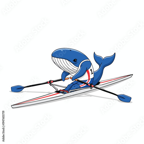 A cartoon whale in a racing singlet rows a boat on a white background