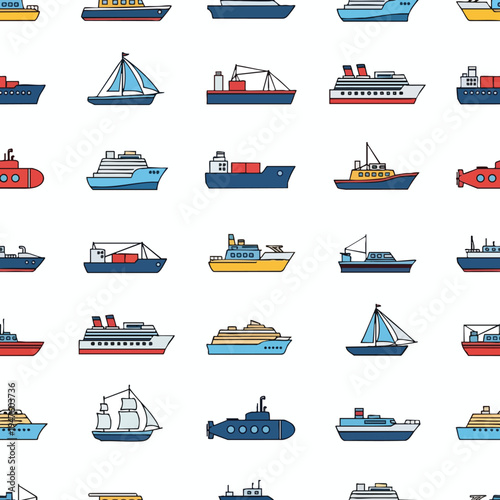 A colorful, repeating pattern of various watercraft, including ships, sailboats, and submarines
