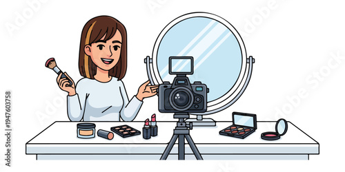 Young woman creating makeup tutorial video with camera and mirror at desk