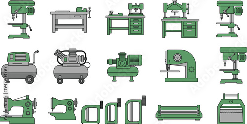 Industrial workshop machines collection with drill press compressor sewing machine and metalworking equipment vector set