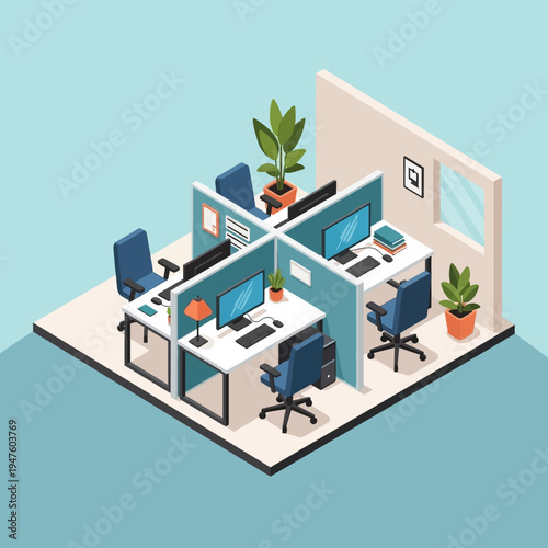 Isometric illustration of a modern office space with cubicles, computers, and plants.