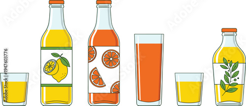 Citrus juice bottles and glasses collection with lemon orange and fresh fruit drink vector illustration set