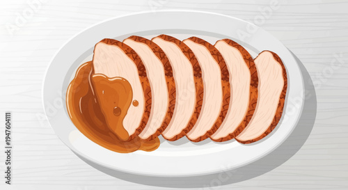 A juicy sliced meat dish with rich brown sauce on a white plate indoors