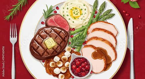 A festive holiday meal featuring ham, steak, cranberry sauce, and vegetables on a plate.