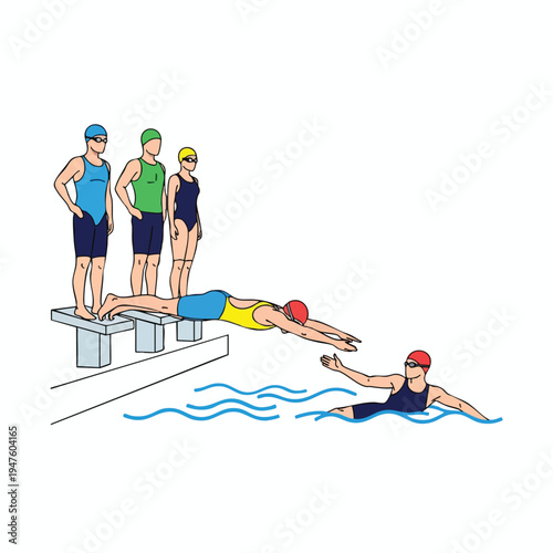 Swimmers race as one dives from a block, another awaits in the water