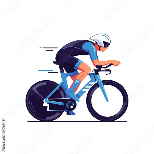 Cyclist in aerodynamic pose on a blue race bicycle, speed lines in background