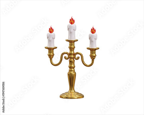 Golden candelabra with candles icon 3d render concept of burning candle in bronze candlestick icon vector illustration