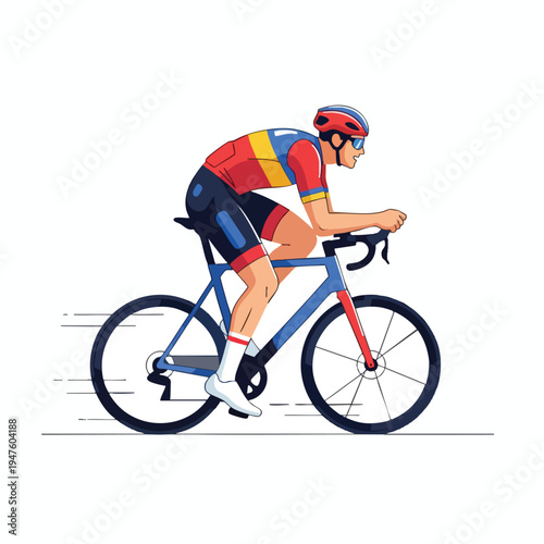 Determined cyclist in colorful kit races forward on a sleek bicycle, motion lines suggesting speed