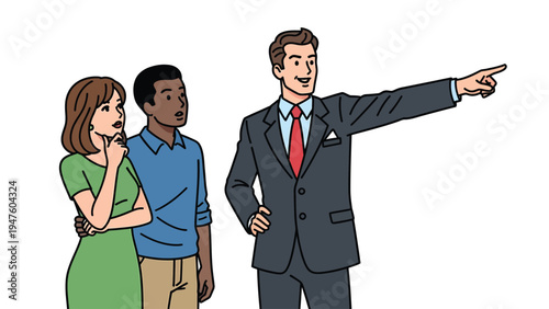 Professional pointing direction to a diverse couple, offering guidance and showing opportunity