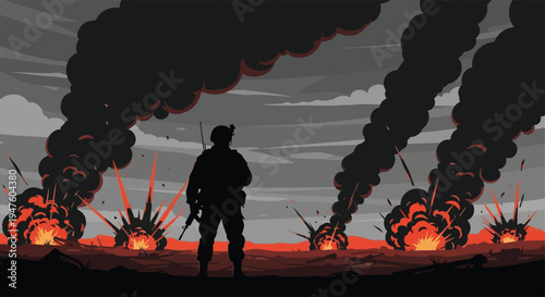 A lone soldier stands amidst fiery explosions and smoke a dramatic war scene silhouette high quality