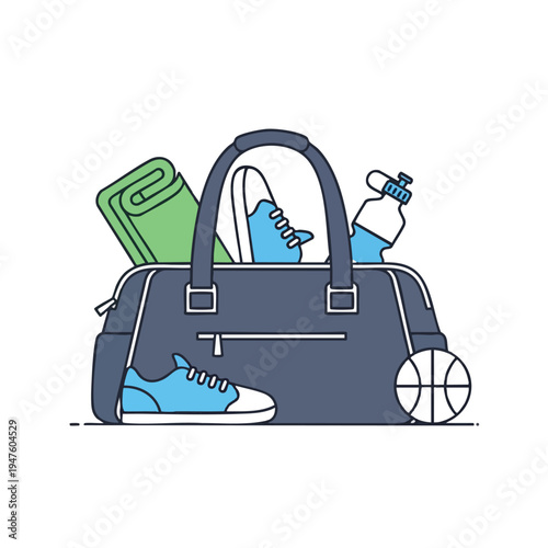 A gym bag overflowing with workout essentials including shoes, water bottle, towel, and basketball