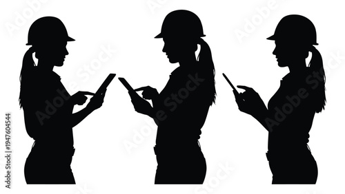 Silhouettes of women wearing hard hats and using smartphones