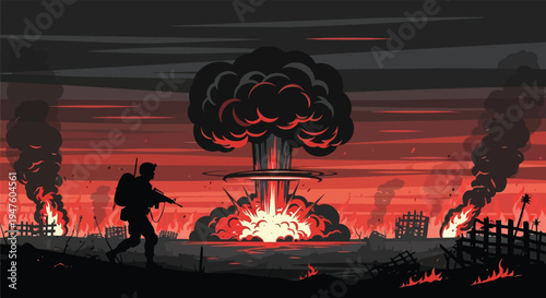 A lone figure walks away from a dramatic mushroom cloud explosion in a fiery landscape silhouette