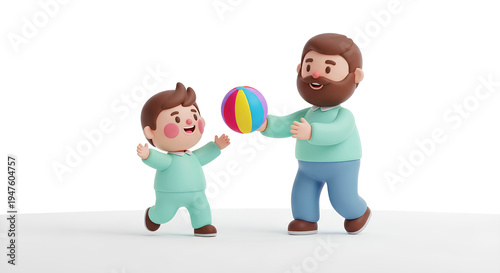 Cute 3D Cartoon Father and Son Playing With Ball Happy Family Activity