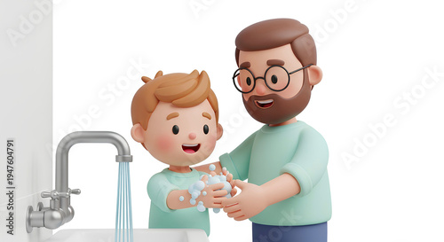 Cute 3D Cartoon Father Teaching Child Washing Hands Hygiene Concept