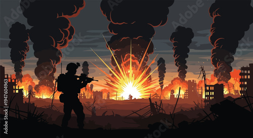 A lone soldier stands against a backdrop of intense urban warfare and fiery destruction silhouette