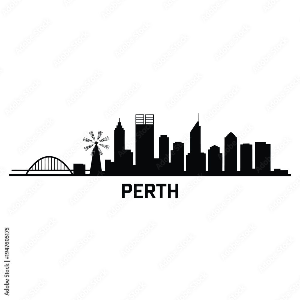 Fototapeta premium Silhouetted skyline of perth australia with a ferris wheel and bridge