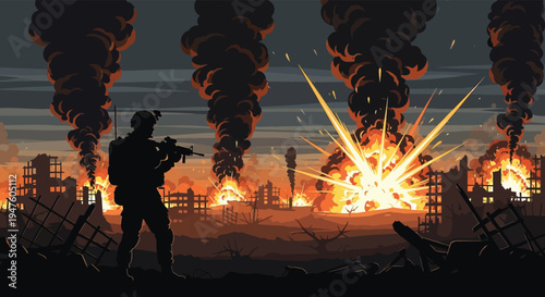 A lone soldier stands amidst a burning cityscape facing intense explosions a dramatic silhouette