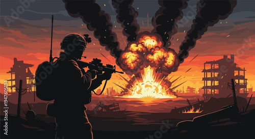 A lone soldier stands against a fiery devastated cityscape holding a weapon silhouette high quality professional