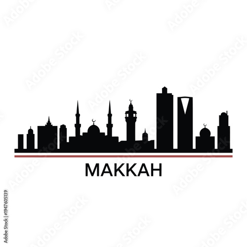 Silhouette of the makkah skyline with the city name below
