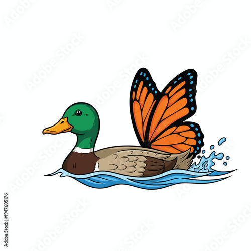 A mallard duck with monarch butterfly wings swims in water
