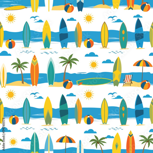 Bright, flat-design beach scene with surfboards, balls, umbrellas, and sun