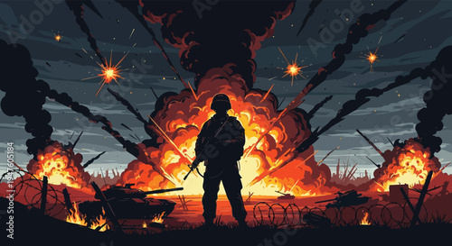 A lone soldier stands against a fiery backdrop of war and destruction a striking silhouette