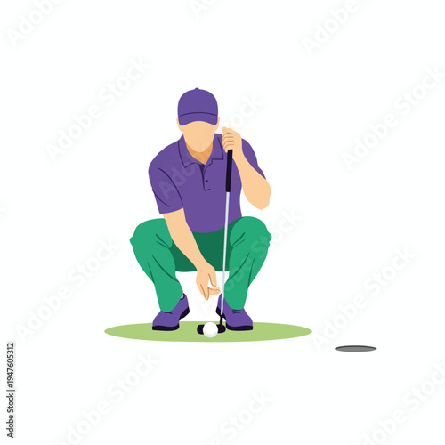 Golfer in purple shirt and green pants crouches, preparing to putt