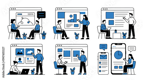 Set of 6 people working on computers and mobile devices vector illustrations