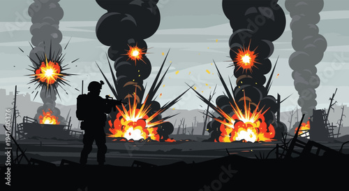 A lone soldier observes a fiery battlefield with explosions and destruction a striking silhouette high quality