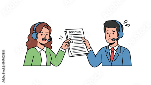 Customer Service Solution: Happy agent helps stressed colleague with problem-solving documents. Teamwork and support concept.