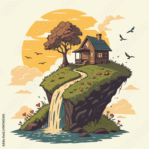 Fantasy Floating Island with Waterfall and Tiny House in Golden Sunset