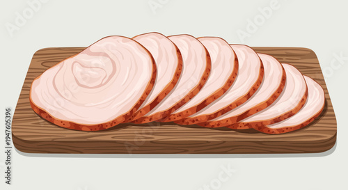 Sliced ham on a wooden cutting board indoors for food preparation
