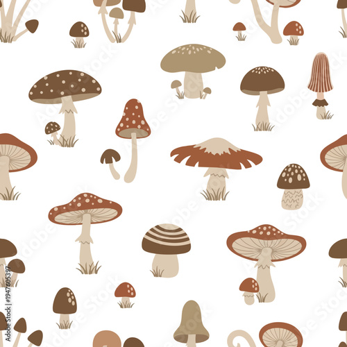 Repeating pattern of stylized mushrooms in various brown and beige tones