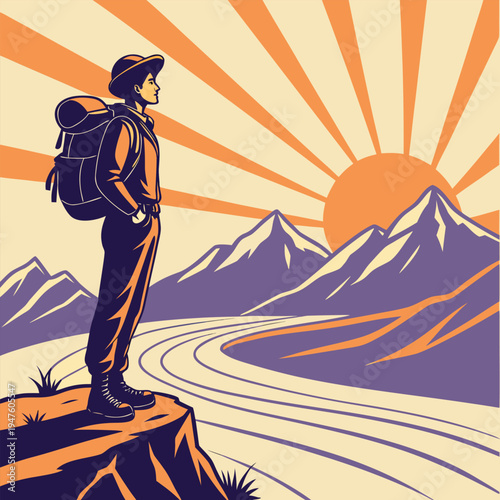 Mountain Hiker Watching Sunset Valley Flat Vector Illustration of Adventure.