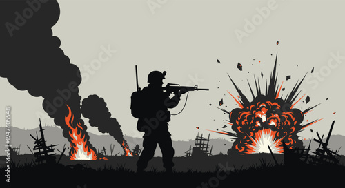 A lone soldier stands against a backdrop of destruction and fiery explosions a stark silhouette
