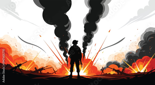 A lone soldier stands amidst fiery explosions and wartime destruction a striking silhouette high quality professional