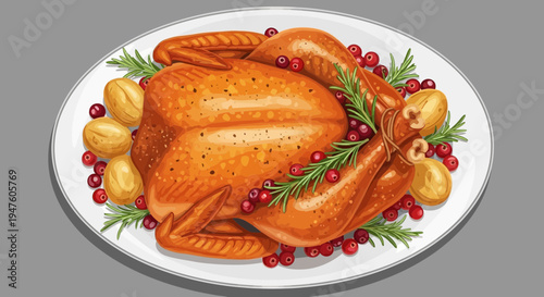 Roasted turkey on a plate with herbs and potatoes for a holiday meal