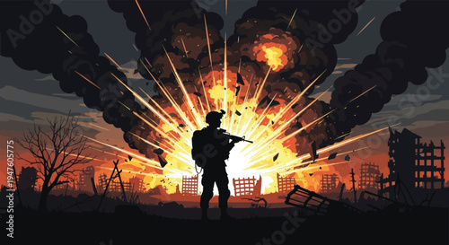 A lone soldier stands against a fiery explosive backdrop of war and destruction silhouette high quality
