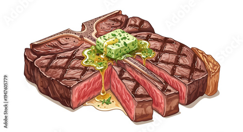 Grilled steak slices with herbs on a plate indoors up close