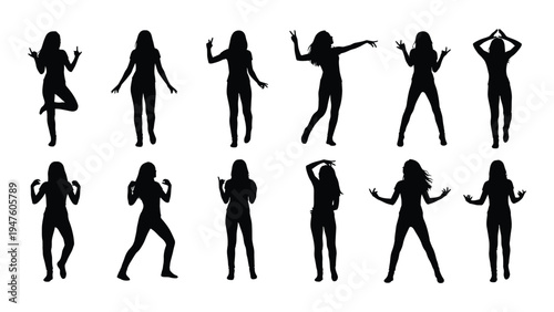 Set of ten black silhouettes of women in different dance poses