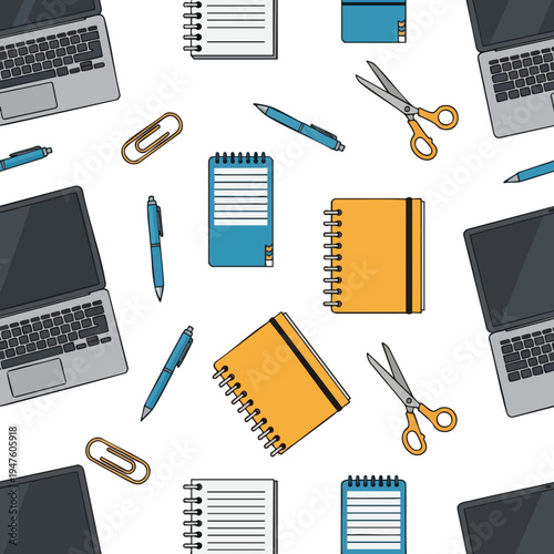 Seamless pattern of laptops, notebooks, pens, scissors, and paperclips