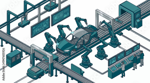 Smart car manufacturing line with robotic arms welding vehicle body while production engineers monitor digital dashboard, concept for industrial automation, engineering and mechanical research