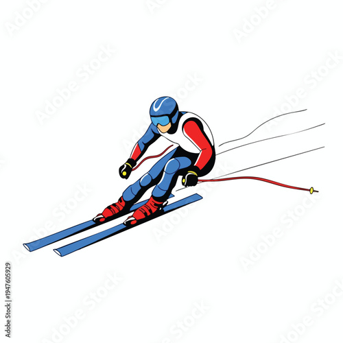 Downhill skier in red, white, and blue racing suit glides down a slope