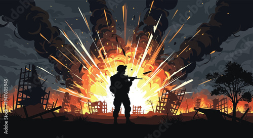 A lone soldier stands against a fiery explosive backdrop of war and destruction silhouette high quality